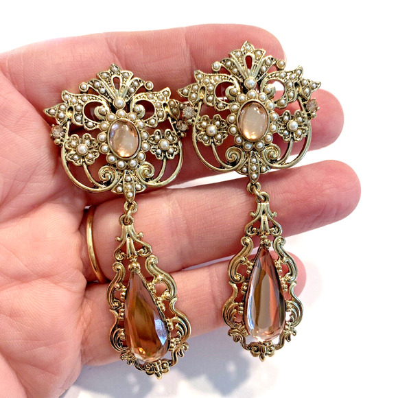 Vintage Inspired Pierced Earrings Gold Statement Drop Dangle Pink Rhinestones - Picture 4 of 7